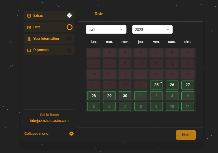 Remote telescope booking form on SkyShare Astro website